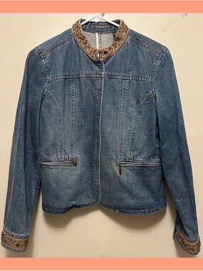 Liz Claiborne Denim Jacket with Leopard Trim - Women's Blue Jean Jacket